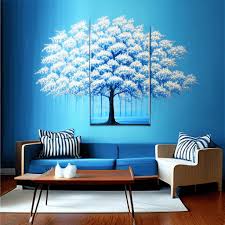Large Tree Painting Art Blue White Wall