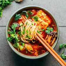 vegan kimchi noodle soup full of plants