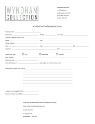 Fillable Online Credit Card Authorization Form Wyndham Collection