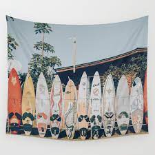Cor surf wooden surfboard wall mount for surf boards, snowboards, skateboards, kiteboards and wakeboards. Lets Surf Xv Wall Tapestry By Mauikauai Society6