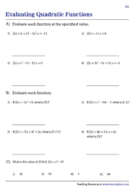 Evaluating Quadratic Functions Worksheets
