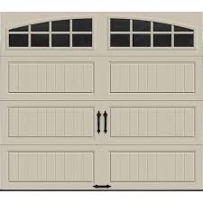 clopay gallery collection 8 ft x 7 ft 6 5 r value insulated desert tan garage door with arch window 111300