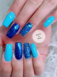 Beautiful Light Blue Coffin Nails With Navy Chrome Nail And