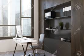 Dark Wood Office Workplace With A Bookcase A Large Window A