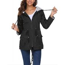 Womens Lightweight Waterproof Rain Jacket Active Outdoor Hooded Raincoat With Pockets Black Cq186ewuhsc