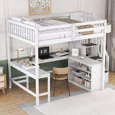 Harper Bright Designs White Wood Full Size Loft Bed With L Shaped Desk Shelves And Storage Staircase