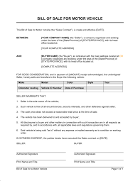 Bill Of Sale For A Motor Vehicle Template Word Pdf By Business