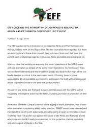 A proud african who hates racism. Eff Condemns The Intimidation Of Journalists Mzilukazi Wa Afrika And Piet Rampedi Over Rogue Unit Expose 09 07 2019 Minbane