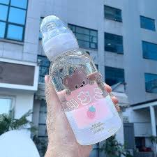 Pink Cute Girl Glass Water Bottle