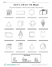 A worksheet in which students must identify shapes and match the pictures with the words. 3d Shapes Worksheets Free Printables Education Com