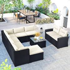 black 9 pieces wicker outdoor sectional set patio conversation sets with beige cushions and coffee table