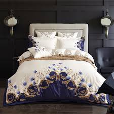 White Blue Embroidered Bedding Set