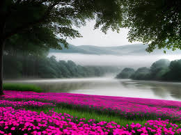 foggy river scene with 3d flowers neon