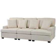 88 5 In W Square Arm 3 Seats Linen Sofa With Removable Back Seat Cushions And 4 Comfortable Pillows In Cream Beige