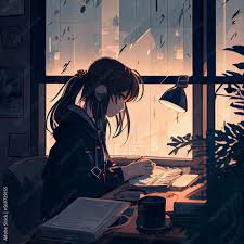 lofi studying at her desk rain