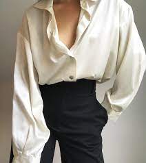 Office wear casual white satin collar button down blouse with long sleeve shirt. The Ceiling On Instagram Vintage Christian Dior Satin Shirt Off White Rich Flowy Blouse In Great Vintage Co Satin Shirt White Satin Blouse Silk Shirt Outfit