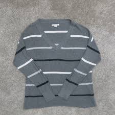 American Eagle Women Sweater Pullover Striped V Neck Long Sleeve Gray