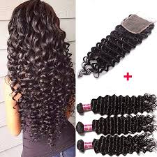 Brazilian Deep Wave Remy Hair 4x4 Lace Closure With Bundles Unprocessed Human Hair Extensions Natural Color
