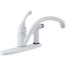 Accent your décor with our selection of kitchen faucets from the best brands, available in a variety of styles and finishes. Delta Collins Single Handle Standard Kitchen Faucet With Integral Side Sprayer In White 340 Wh Dst The Home Depot