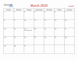 march 2020 monthly calendar with canada