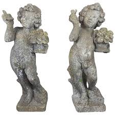 Pair Of Concrete Putti Statues From