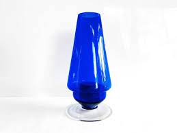 Mid Century Blue Glass Candle Holder