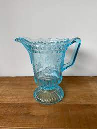 Blue Glass Etched Flower Pitcher