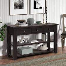 48 In Black Rectangle Pine Wood Console Table Sofa Table With 3 Storage Drawers And 2 Shelves
