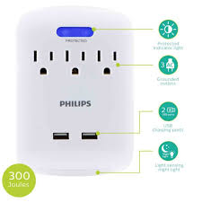 Philips 3 Outlet 2 Usb Charging Wall Tap With Surge Protection And Automatic Night Light White