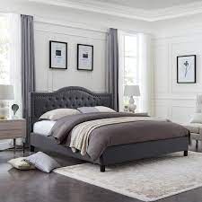 Dark Gray Fabric And Wood Bed Frame