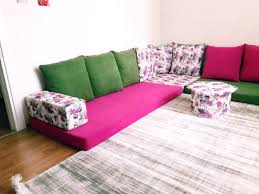 L Shaped Floor Couch Fuschia Green