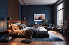a bedroom with a wood floor and grey walls