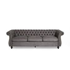 Contemporary Home Living 84 50 Slate Gray And Brown Traditional Tufted Sofa With Scroll Arms