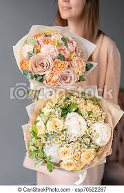 Small bunch of flowers delivery. Two Small Beautiful Bouquets Of Mixed Flowers In Woman Hand Floral Shop Concept Flowers Delivery Small Beautiful Bouquet Canstock