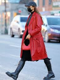 Irina Shayk Red Leather Coat Double