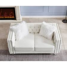 Kinwell 83 In Square Arm Polyester Rectangle Sofa Set In Beigewhite With Loveseat
