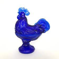 Rare Cobalt Blue Glass Rooster Covered