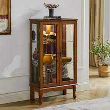 Curio Oak Cabinet Lighted Curio Diapaly Cabinet With Adjustable Shelves And Mirrored Back Panel Tempered Glass Doors Brown