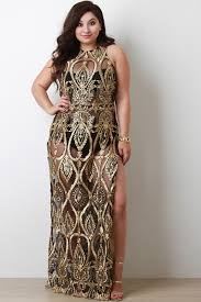 Plus Size Golden Embroidered With Sequins Mesh Maxi Gown