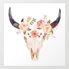 Bull Head Skull Boho Flowers Art Print