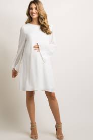 Ivory Solid Chiffon Bell Sleeve Maternity Shift Dress