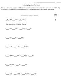 Balance the following equations and indicate the type of reaction taking place: Balancing And Types Of Reactions Worksheet Worksheet List