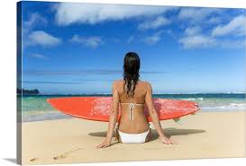 Hawaii Kauai Woman Sitting On Beach With Surfboard Large Solid Faced Canvas Wall Art Print Great Big Canvas