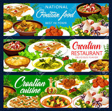 Roast pork, on the other hand, comes with apple . Croatian Cuisine Restaurant Banners Traditional Southeast Europe Food Meals Menu Croatian National Dishes Of Meat Polpety And Kremptia Lamb With Sauerkraut Vegetable Soup And Pastry Royalty Free Cliparts Vectors And Stock Illustration