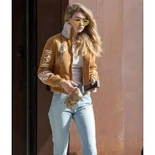 The indicated gigi hadid brown shearling jacket is an impersonation of the jacket that gigi wore with one of her beautiful attires. Gigi Hadid Bomber Brown Jacket Celebs Movie Jackets