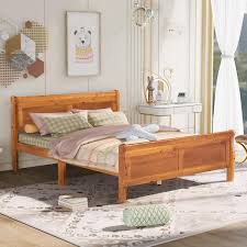 Polibi 62 50 In W Walnut Queen Solid Wood Sleigh Bed With Headboard And Wood Slat Support Brown