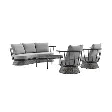 Armen Living Monk 4 Piece Outdoor Patio Furniture Set In Black Aluminum And Grey Wicker With Grey Cushions
