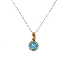 Natural Sky Blue Topaz Diamond Halo Rose Gold Pendant Necklace
