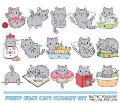 Gray Cats Clipart Bundle Funny Cute Cat