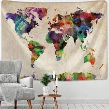 Painted World Map Tapestry Wall Hanging